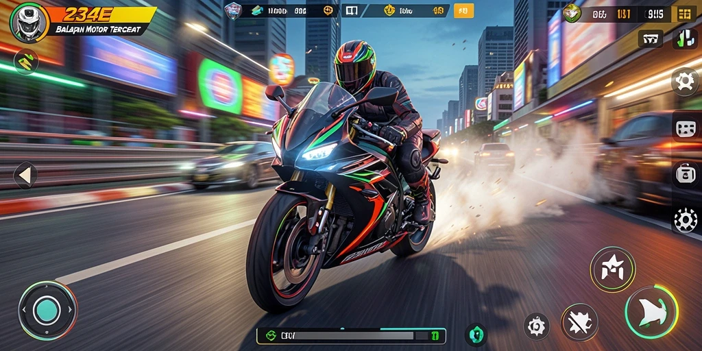 Tampilan gameplay balapan motor yang penuh aksi dan menegangkan.