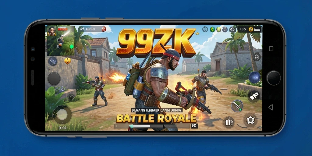 Screenshot utama 99ZK menunjukkan aksi intens dalam pertempuran Battle Royale.