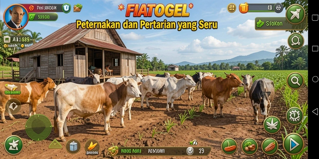 Tangkapan layar utama FIATOGEL menampilkan aktivitas bertani yang menarik.