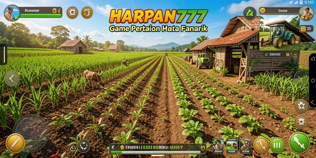 Tampilan gameplay HARAPAN777 dengan kebun yang subur dan aktivitas pertanian.