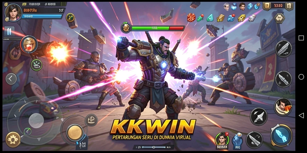 Screenshot utama KKWIN menampilkan pertarungan karakter dengan efek visual yang menakjubkan.